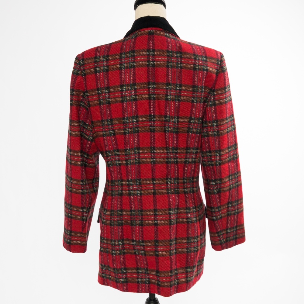 Vintage wool tartan plaid blazer with black velvet trim & buttons M - Picture 2 of 16